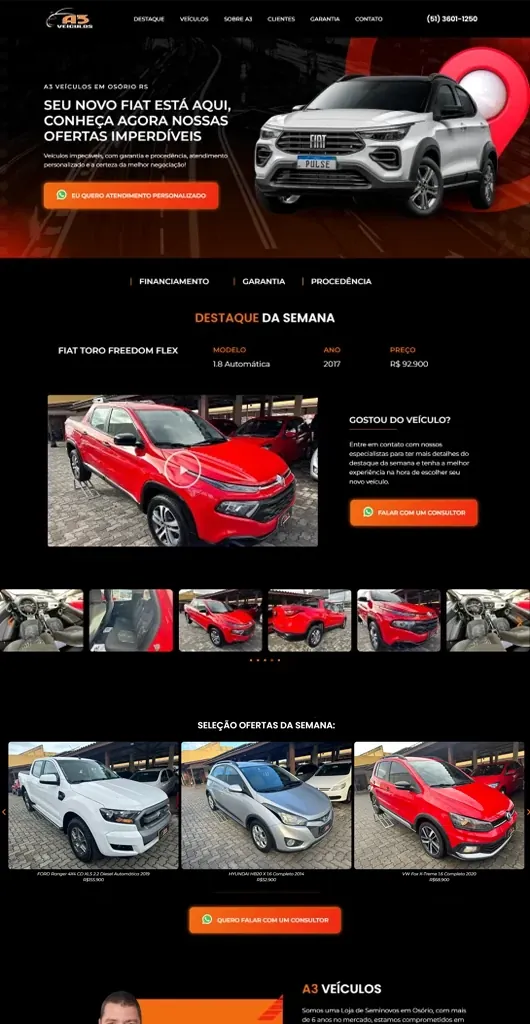 00- Site 8 Página completa do site da A3 Veículos, com seminovos em destaque