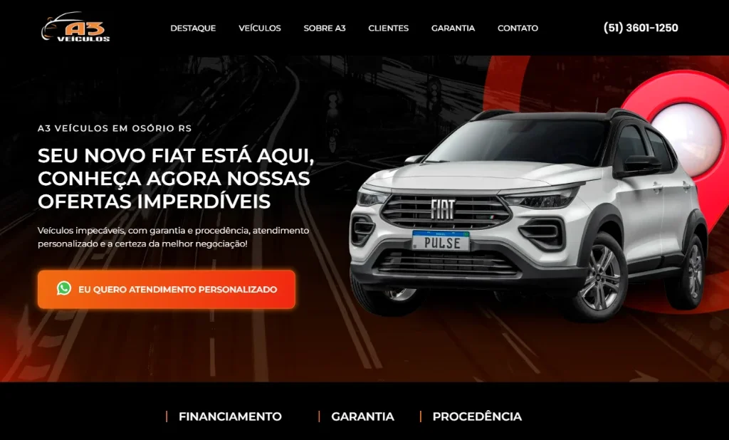 A3 Veículos: landing page de revenda de carros em Osório 1 Print do projeto A3 Veículos